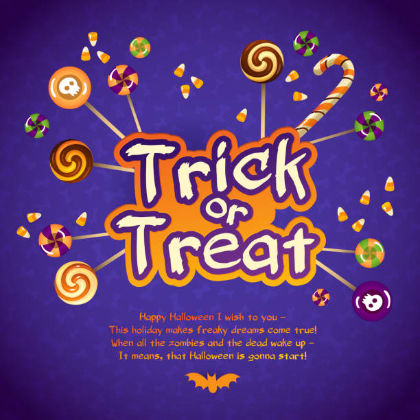 ilustraciones, imágenes clip art, dibujos animados e iconos de stock de happy halloween trick or treat tarjeta de felicitación con dulces y - vile