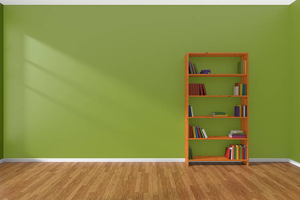 istock Minimalist interior of empty green room with bookcase 491827782
