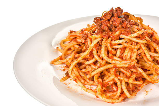 istock Italian pasta with tomato sauce on white background 491828106