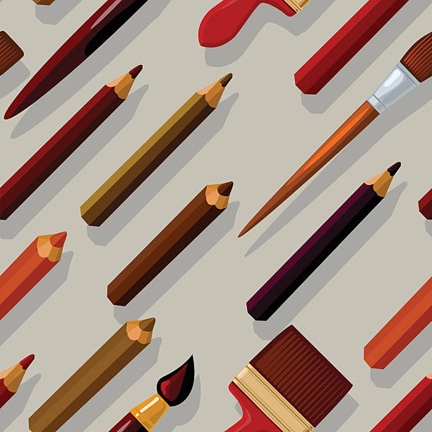 seamless pattern with pencils and brushes dropping their shadows vector art illustration