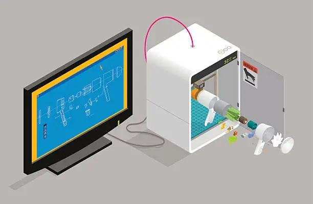 Vector illustration of 3D printer printing a hair dryer