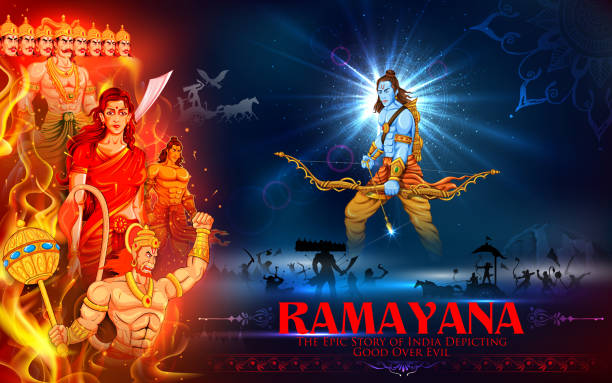 Lord Rama, Sita, Laxmana, Hanuman and Ravana in Dussehra poster illustration of Lord Ram, Sita, Laxmana, Hanuman and Ravana in Dussehra poster ravana in happy dussehra stock illustrations