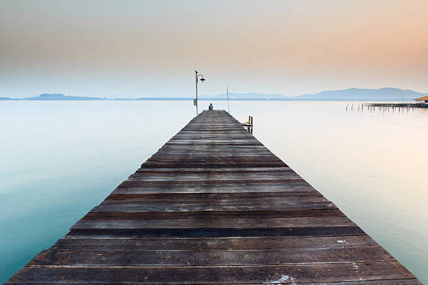 istock Wood bridge in sea at sunrise 491836919