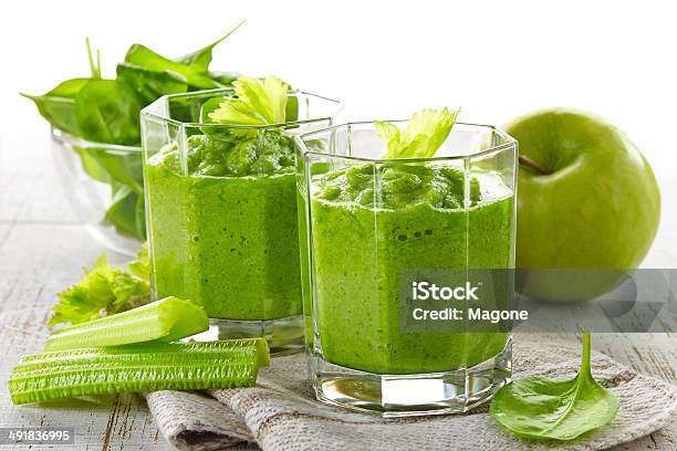 Green Smoothies In Glasses On Wooden Table Stock Photo - Download Image Now - Apple - Fruit, Celery, Cocktail
