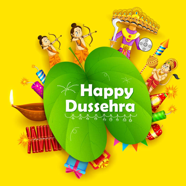 Lord Rama, Laxmana, Hanuman and Ravana illustration of Lord Rama, Laxmana, Hanuman and Ravana with sona patta in Happy Dussehra background ravana in happy dussehra stock illustrations