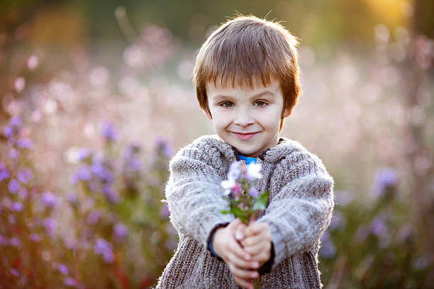 Sweet little boy, holding flowers on sunset, autumn day, back lit