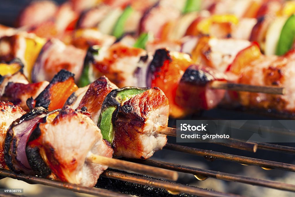 grilled shashlik grilled skewers of meat and vegetables Barbecue Grill Stock Photo