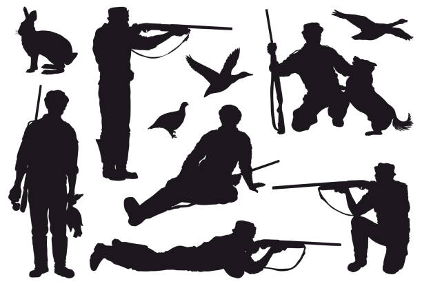 hunter Hunter directs a rifle at a target. set of black icons goose meat illustrations stock illustrations