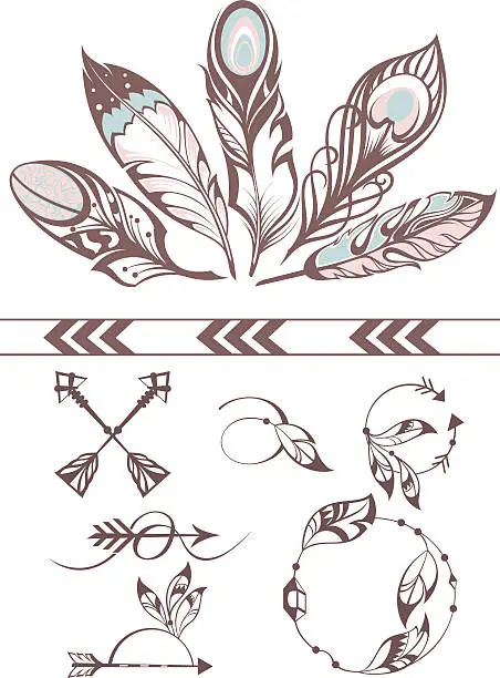 Vector illustration of Hand drawn illustration - Frames with feathers