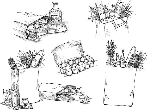 ilustraciones, imágenes clip art, dibujos animados e iconos de stock de ilustración vectorial dibujados a mano-bolsa de la compra - paper bag illustrations