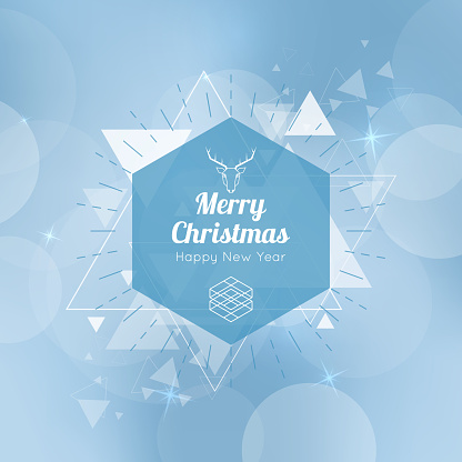 Abstract blurred vector background with hexagon banner and hovering triangles. Merry Christmas. Happy New Year.