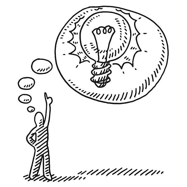 ilustrações, clipart, desenhos animados e ícones de figura de palito desenho de lâmpada idéia balão de pensamento - thinking thought bubble thought cloud clip art