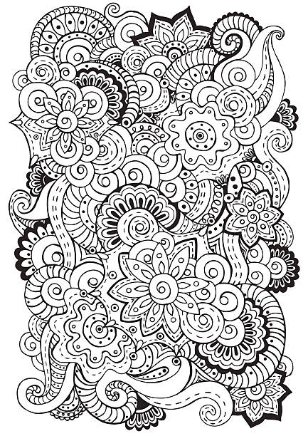 vektor doodles hintergrund mit blumen und paisley-motiv. schwarz und weiß. - blumen tattoos stock-grafiken, -clipart, -cartoons und -symbole