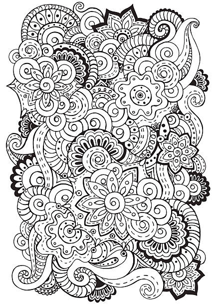 ilustraciones, imágenes clip art, dibujos animados e iconos de stock de garabatos fondo de vector con flores paisley. blanco y negro. - flower illustration and painting single flower textile