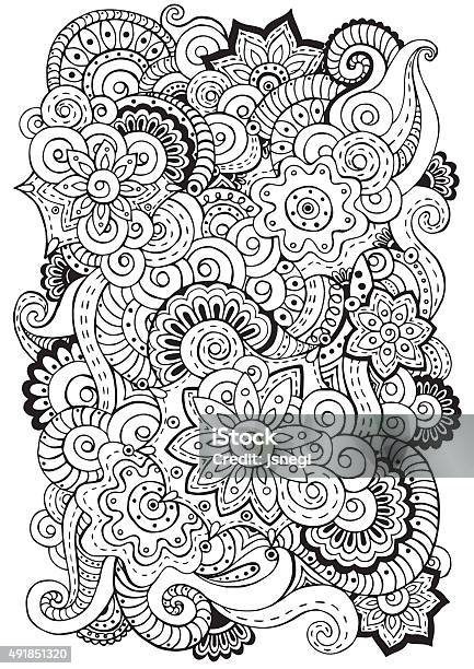 Doodle Background In Vector With Flowers Paisley Black And White Stock Illustration - Download Image Now