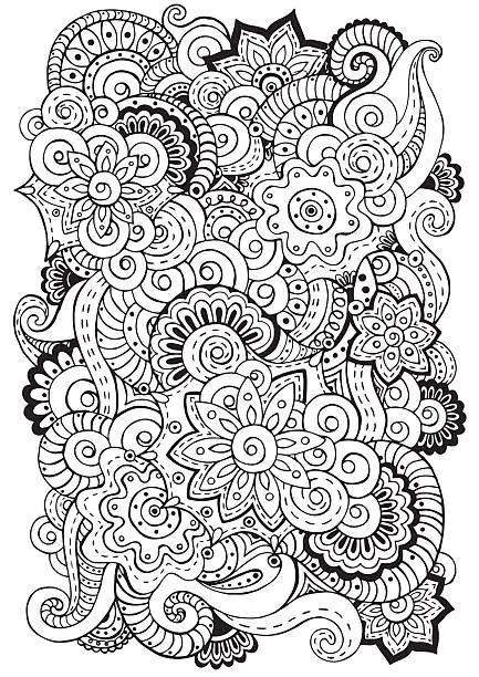 Vector illustration of Doodle background in vector with  flowers, paisley.  Black and white.