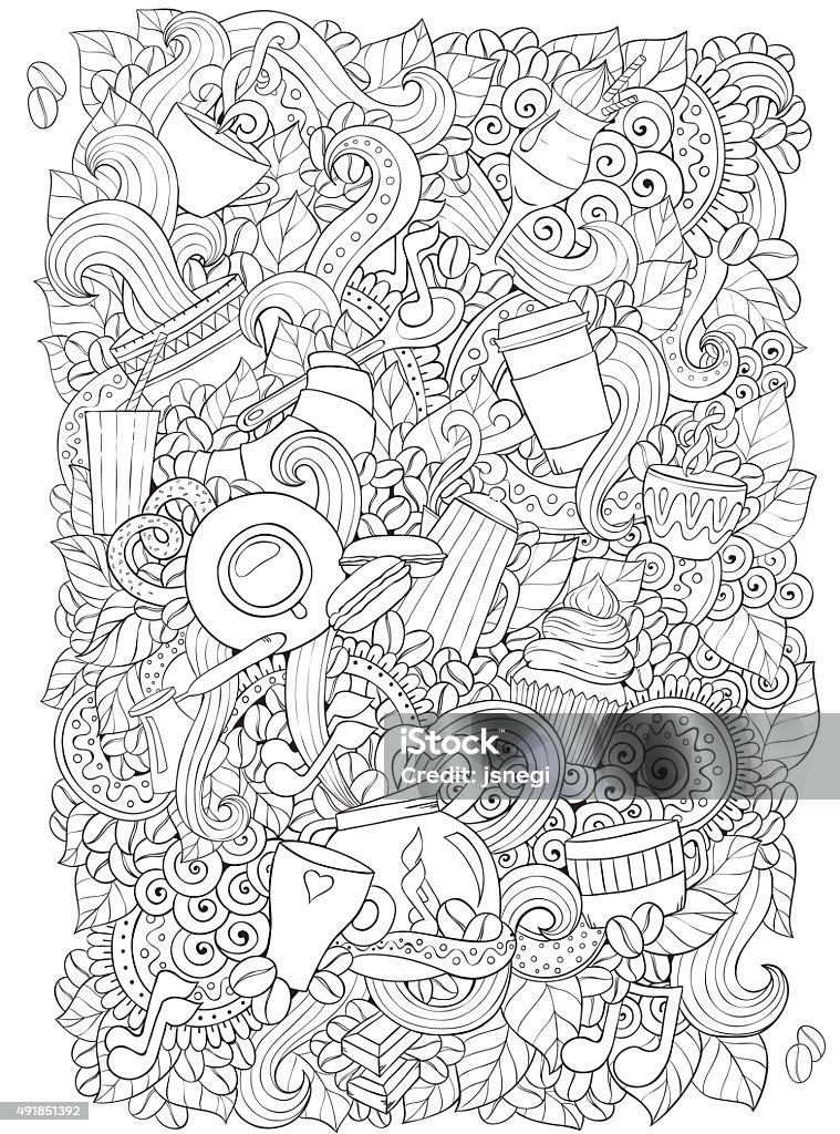 Coffee and tea doodle background in vector with paisley. Coffee and tea doodle background in vector with paisley. Ethnic pattern can be used for menu, wallpaper, pattern fills, coloring books and pages for kids and adults. Black and white. Coloring Book Page - Illlustration Technique stock vector