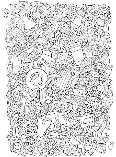 Coffee and tea doodle background in vector with paisley. Coffee and tea doodle background in vector with paisley. Ethnic pattern can be used for menu, wallpaper, pattern fills, coloring books and pages for kids and adults. Black and white. coloring book cover stock illustrations