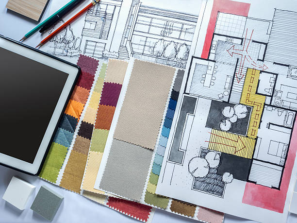 istock Top view of Architect & Interior designer working table concept 491852106