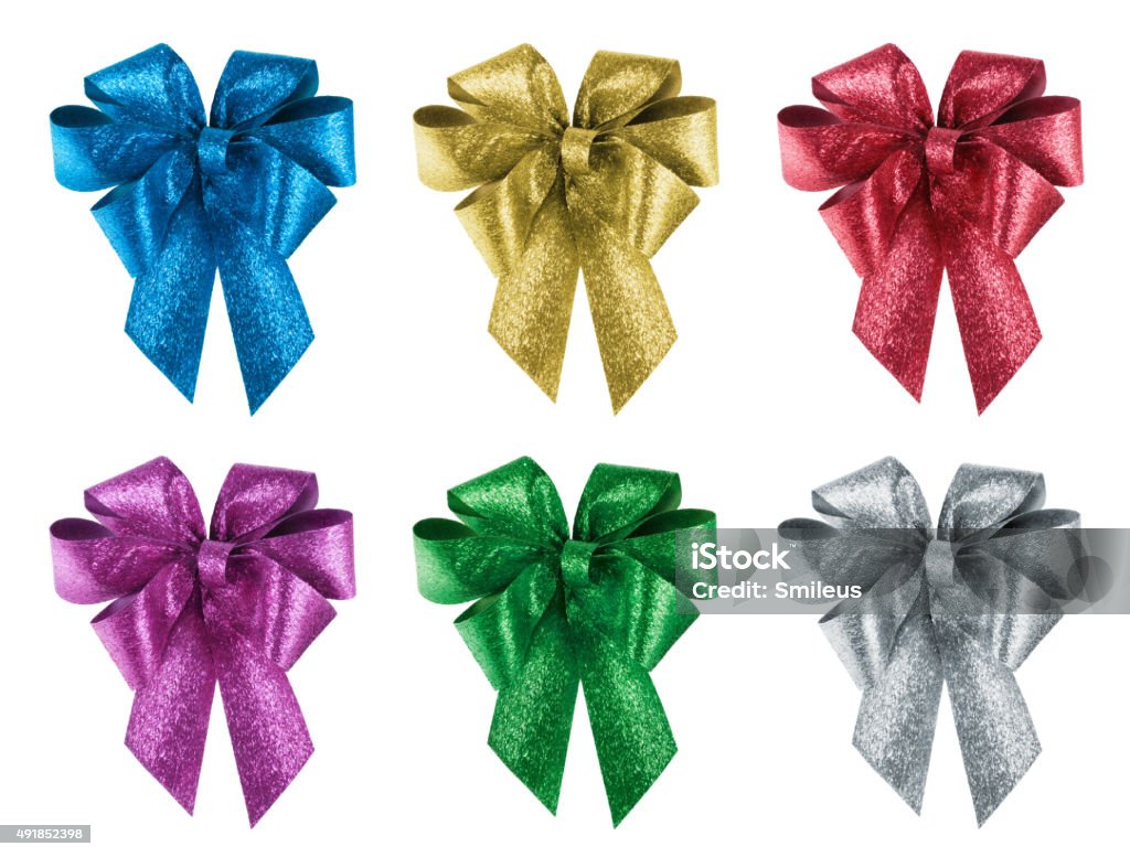 Set of nice gift bows in 6 different colours Set of nice gift bows in 6 different colour variations, studio isolated on white background Ribbon - Sewing Item Stock Photo