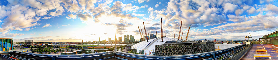 London, United Kingdom - September 6th, 2015: HDR panorama in the afternoon from a rooftop of the Millennium Dome in North Greenwich. 