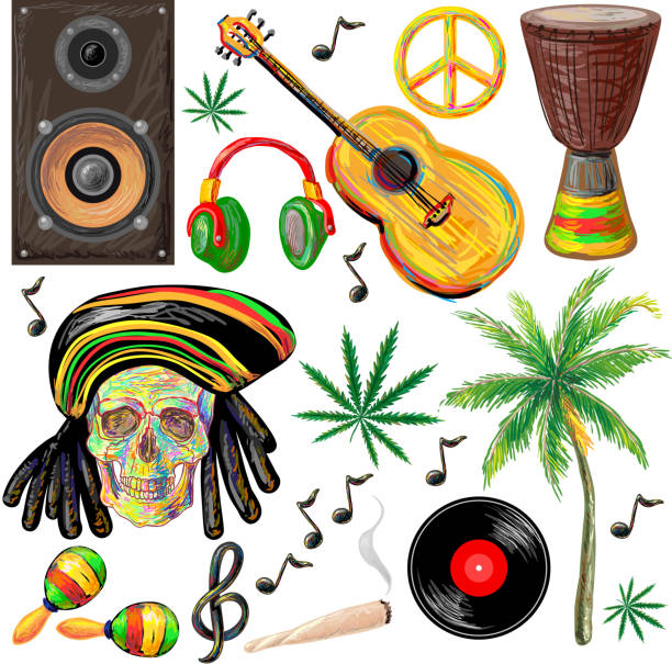 Reggae set Reggae set vector illustration. Rasta collection with skull, marijuana, drum, palm tree, music symbols  reggae stock illustrations