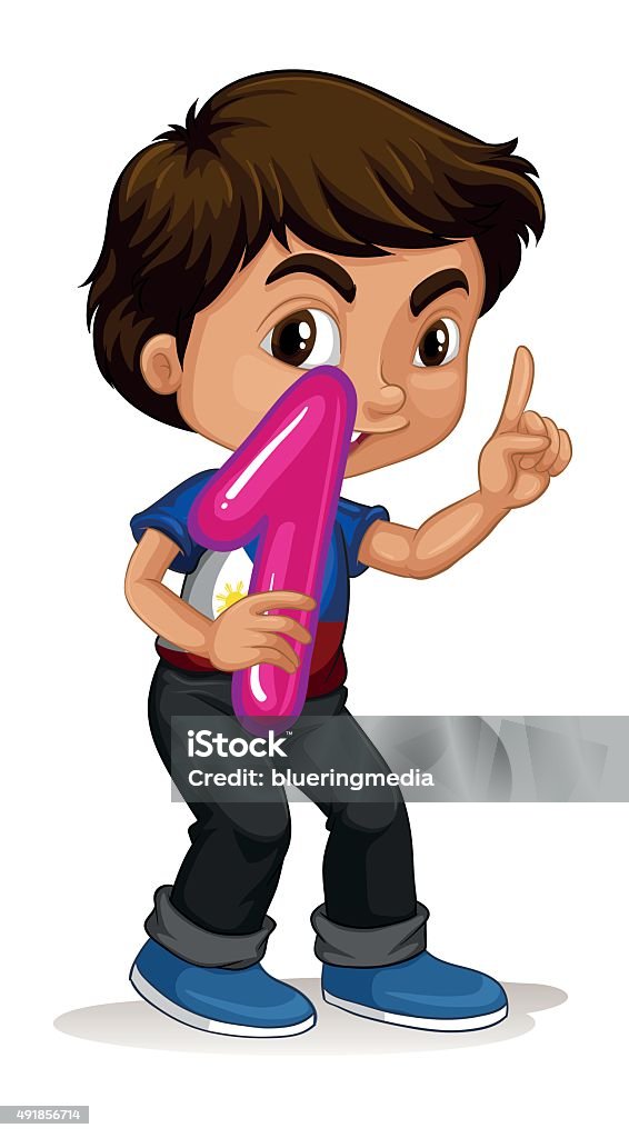 Cute boy holding number one Cute boy holding number one illustration 2015 stock vector