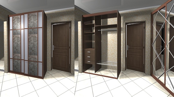 3D render illustration design wooden wardrobe with sliding doors, shelves and drawers