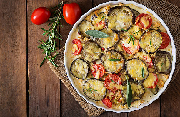 Moussaka (eggplant casserole) - a traditional Greek dish stock photo