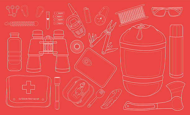 Set of survival camping equipment. Chalk Set of survival camping equipment. Chalk clip art illustrations isolated on blackboard model kit stock illustrations