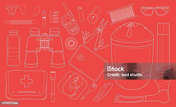 Set Of Survival Camping Equipment Chalk Stock Illustration - Download Image Now - Model Kit, Survival, First Aid Kit
