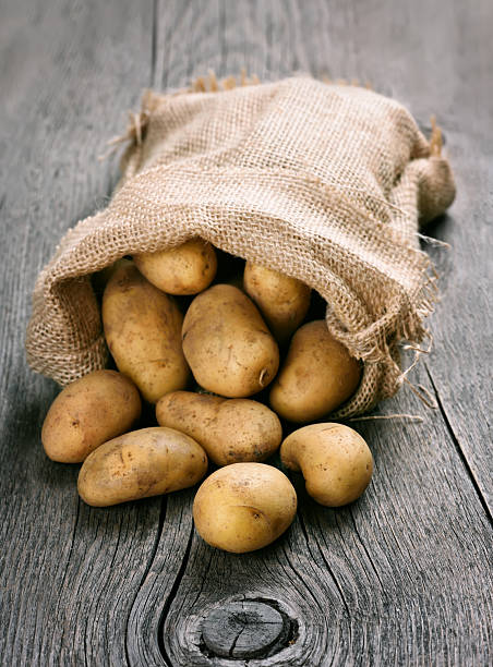 istock Potatoes in burlap sack on wooden background 491870522