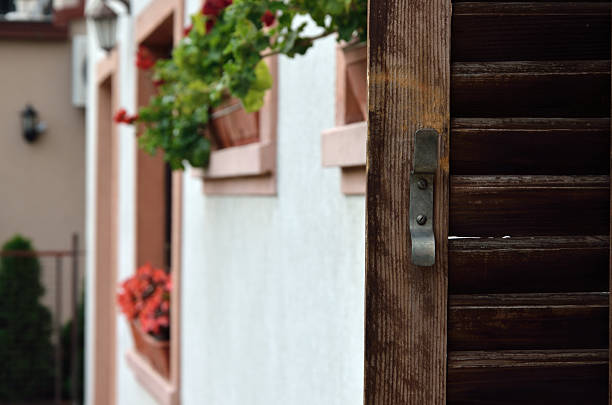 istock Wooden blinde and flower pots 491870950