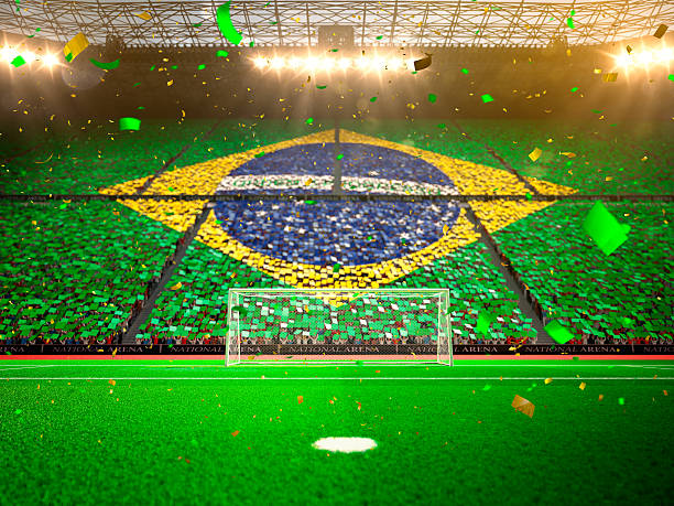 Flag Brazil of fans. Evening stadium arena Flag Brazil of fans. Evening stadium arena soccer field championship win. Confetti and tinsel brazil stock pictures, royalty-free photos & images