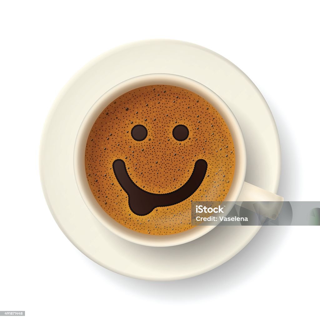 Coffee cup for good mood Coffee cup with funny smiling face on frothy surface. Good mood and vivacity for active day Coffee - Drink stock vector