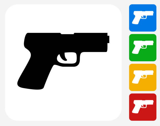 Gun Icon Flat Graphic Design Gun Icon. This 100% royalty free vector illustration features the main icon pictured in black inside a white square. The alternative color options in blue, green, yellow and red are on the right of the icon and are arranged in a vertical column. guns stock illustrations