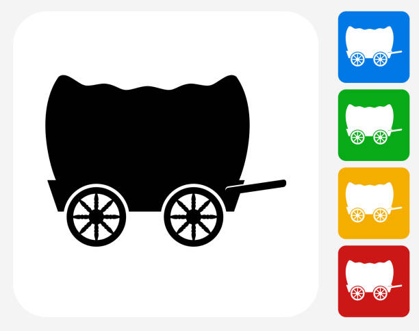 Wagon Icon Flat Graphic Design Wagon Icon. This 100% royalty free vector illustration features the main icon pictured in black inside a white square. The alternative color options in blue, green, yellow and red are on the right of the icon and are arranged in a vertical column. covered wagon stock illustrations