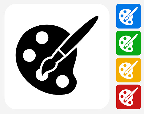 Art Tool Icon. This 100% royalty free vector illustration features the main icon pictured in black inside a white square. The alternative color options in blue, green, yellow and red are on the right of the icon and are arranged in a vertical column.
