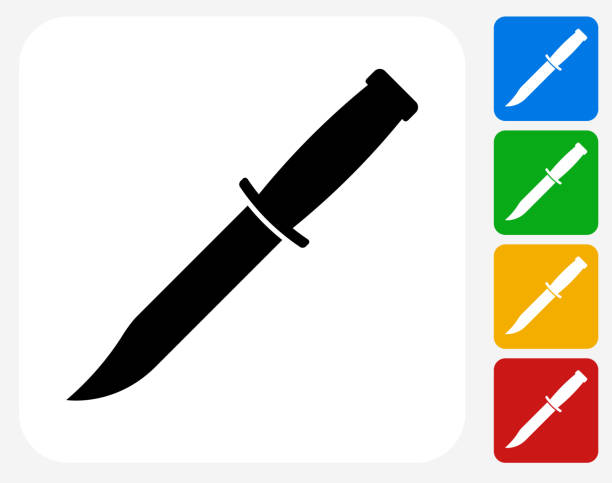 Knife Icon Flat Graphic Design Knife Icon. This 100% royalty free vector illustration features the main icon pictured in black inside a white square. The alternative color options in blue, green, yellow and red are on the right of the icon and are arranged in a vertical column. knife weapon stock illustrations