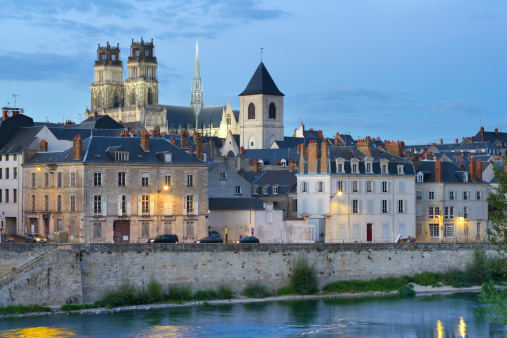 View to the embankment of Loire river and Cathedral in Orleans, France
