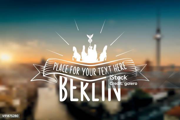 Vintage Berlin Vector Label On Blurred Sundown Skyline Stock Illustration - Download Image Now