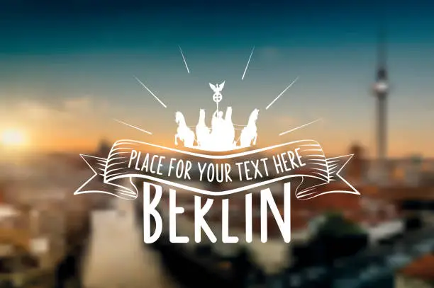 Vector illustration of vintage berlin vector label on blurred sundown skyline