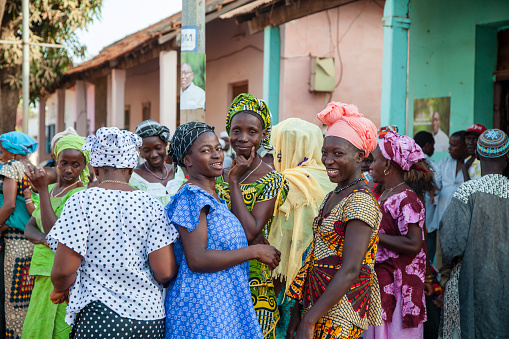 Gabu, Guinea-Bissau - March 28, 2014: african women gathering for a wedding cerimony in traditional clothes