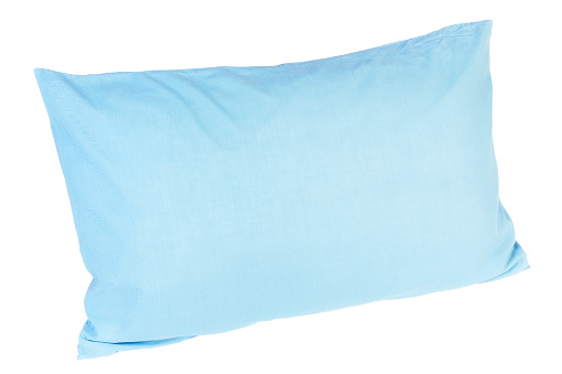 Single pale blue pillow isolated on white.