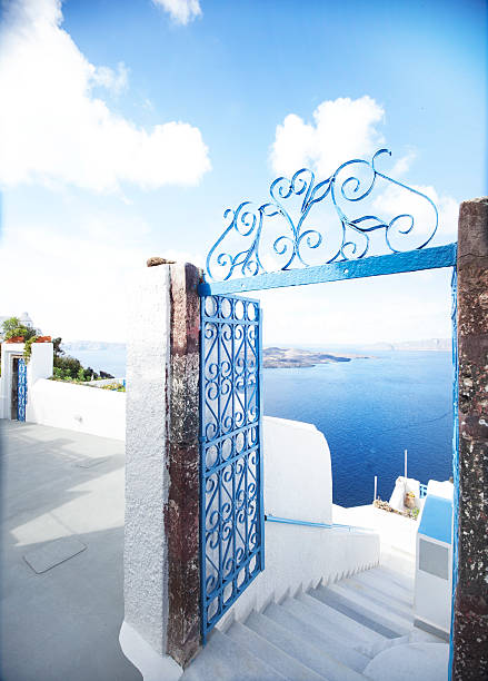 santorini view - santorini door sea gate bildbanksfoton och bilder