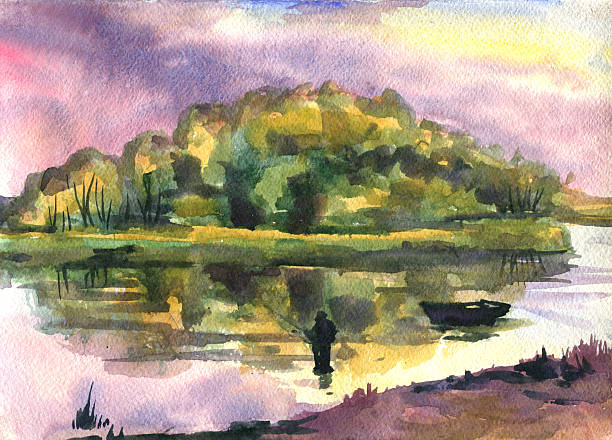 istock Landscape with fisherman. Watercolor painting 491887724