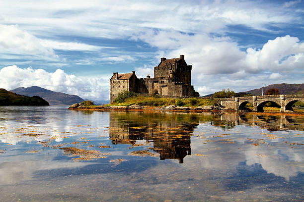 Dornie, Scotland - September 4, 2011: View of Eilean Donan Castle and Loch Duich during the day near Dornie in the Scottish Highlands.