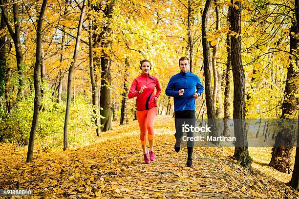 Freunde Joggen Im Herbst Natur Stockfoto und mehr Bilder von 2015 - 2015, Aktiver Lebensstil, Aktivitäten und Sport