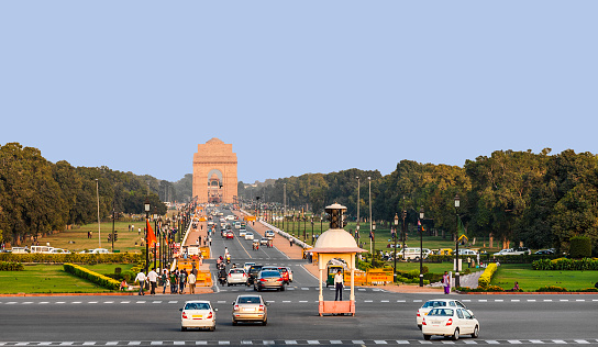 New Delhi, India - October 16, 2012: view on Rajpath boulevard to India gate in Delhi, India. (Rajpath is the ceremonial boulevard in New Delhi. Parades takes place here for India Republic day.