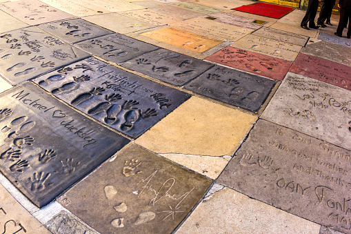 Los Angeles, USA - June 26, 2012: handprints of Michael Jackson and others in Hollywood  in Los Angeles. There are nearly 200 celebrity handprints in the concrete of Chinese Theatre's forecourt.